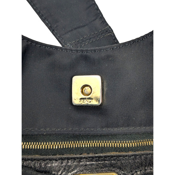 Authentic Vintage Fendi Black Nylon Hobo Shoulder Bag Gold FF Logo Italy - Picture 8 of 13